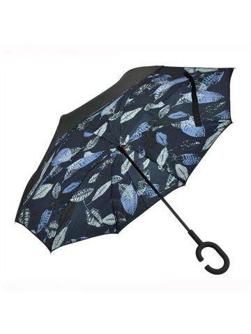 Dámský Skládací Dlouhý Deštník Gregorio P3-389 Velký v Barvě Námořnické Modři s Černou Rukojetí a Vzorem v Listech
