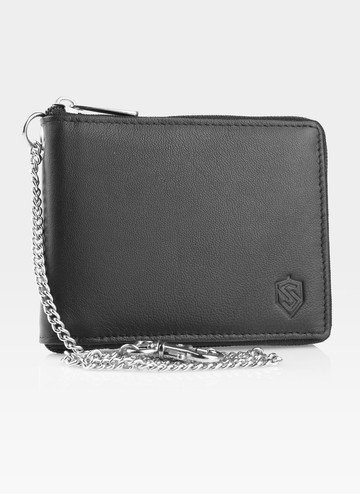 Pánská černá kožená peněženka STEVENS velká na zip Řetízek