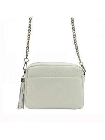 Bílá kožená kabelka Pierre Cardin FRZ 1652 DOLLARO přes rameno s řetízkovým popruhem a dekorativním střapcem