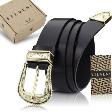 Stevens Retro Vintage Dámsky Kožený Opasok Čierny so Zlatou Ozdobnou Sponou
