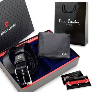 Pánská sada Pierre Cardin: Kožená peněženka a černý pásek – Ideální dárek, Certifikát pravosti, Dárková taška